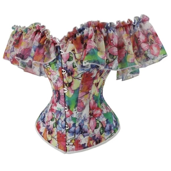 Women’s Corset top floral abstract multicolor ruffle lace-up new - Picture 2 of 9